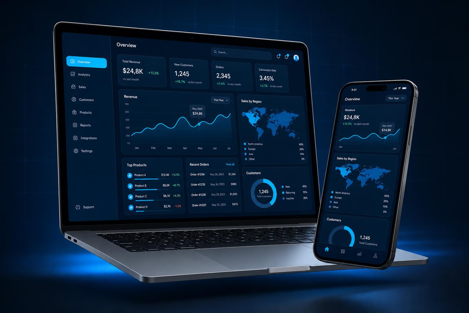 Micro Center dashboard mockup on laptop and phone
